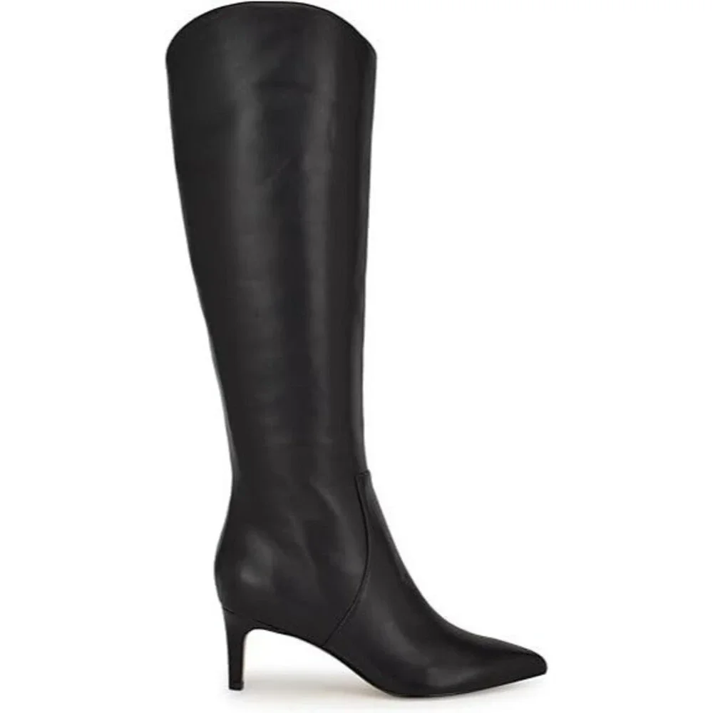 Nine West Sirena Knee High Boot Size 9.5 Black Leather Pointed Toe Stiletto Heel
